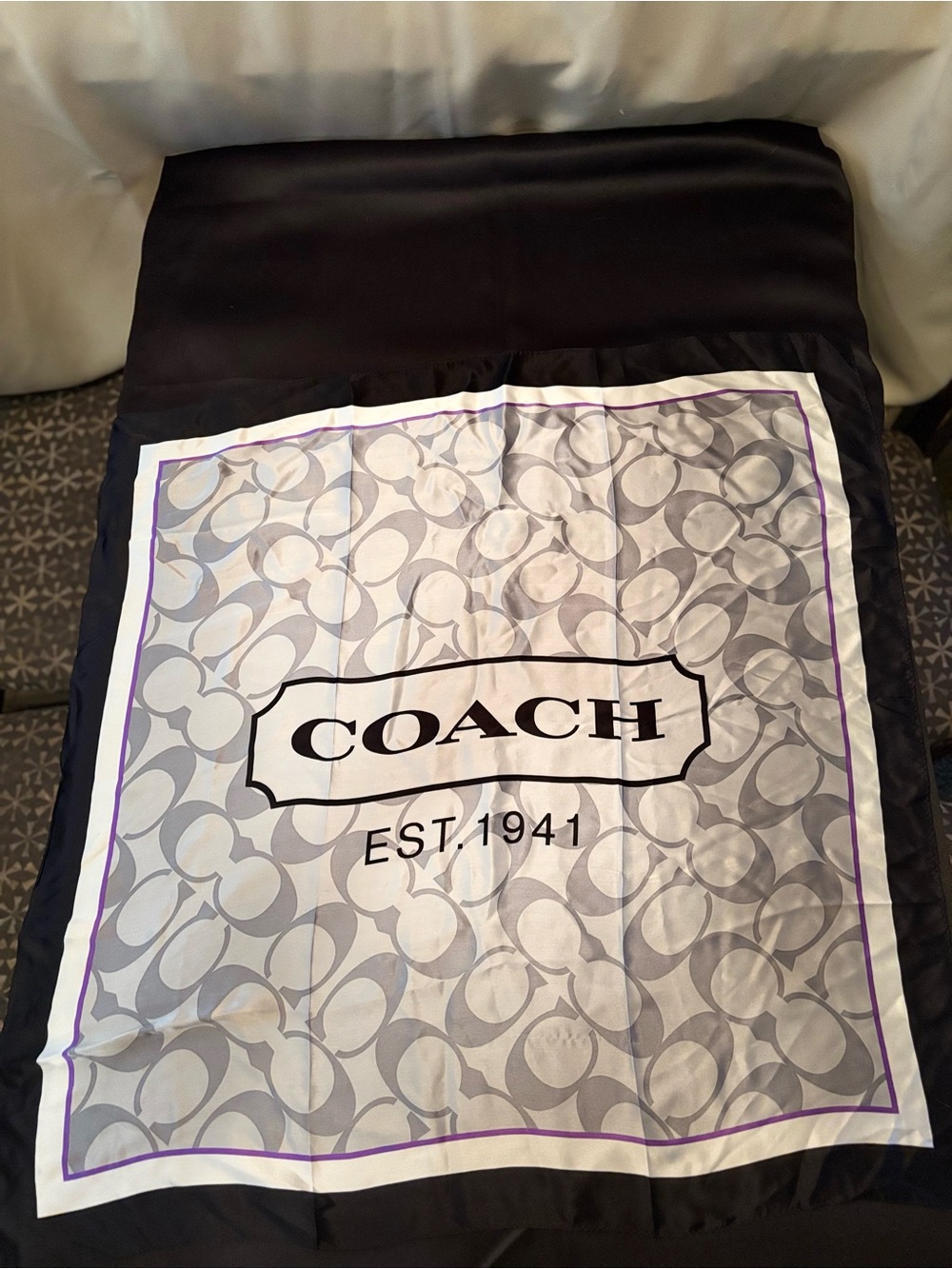 COACH Gray and Black Logo Silk Scarf with Purple Trim - Picture 3 of 6
